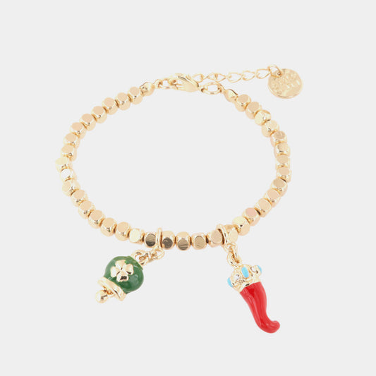 Bracciale in Metallo con ciondoli portafortuna, campanella smaltata verde e corno in smalto rosso