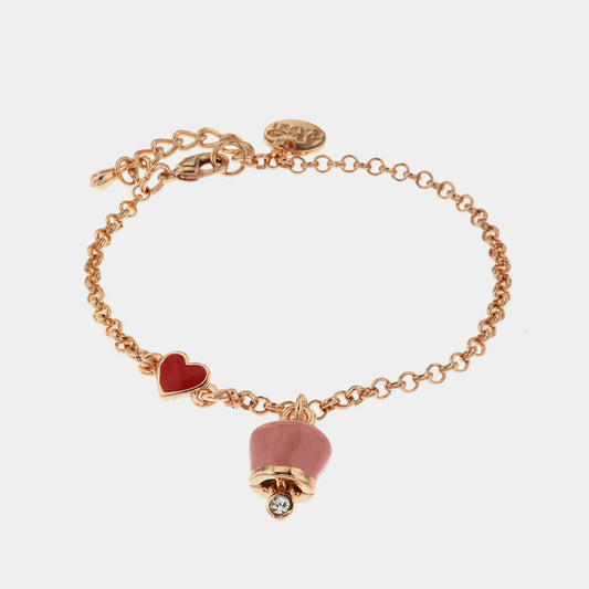 Bracciale in Metallo con cuore rosso e campanella portafortuna pendente, impreziosita da smalto rosa e punto luce