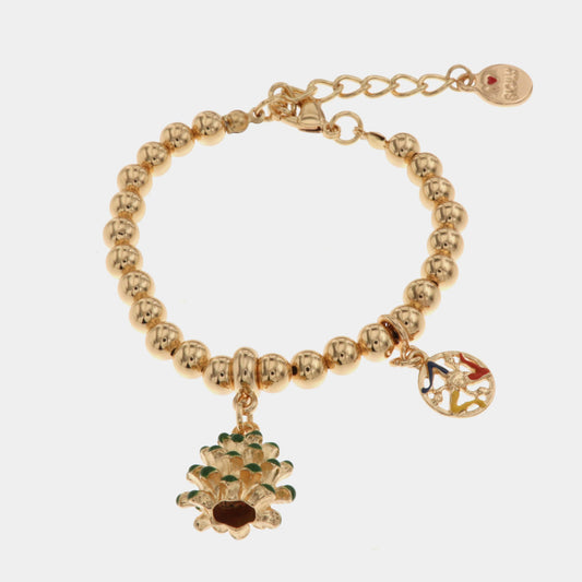Bracciale in Metallo maglia a sfere, con pigna portafortuna e simbolo tre gambe della trinacria con smalti colorati