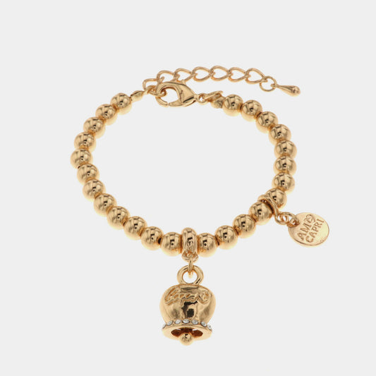 Bracciale in Metallo maglia a sfera, con campanella portafortuna, con scritta Capri a rilievo e cristalli bianchi