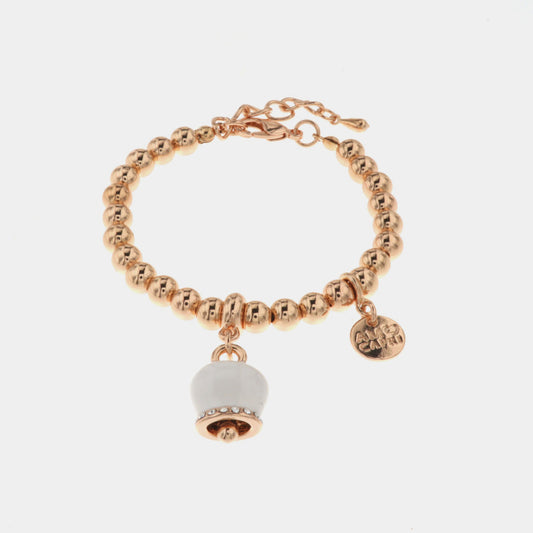 Bracciale in Metallo maglia a sfere, con campanella portafortuna pendente, impreziosita da smalto bianco e cristalli