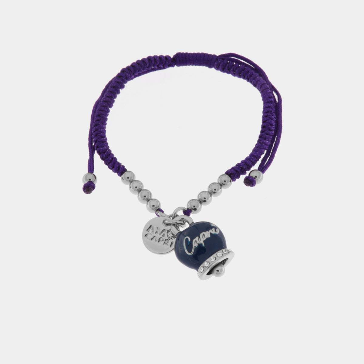 Bracciale in Metallo con cordino viola e sfere con campanella blu