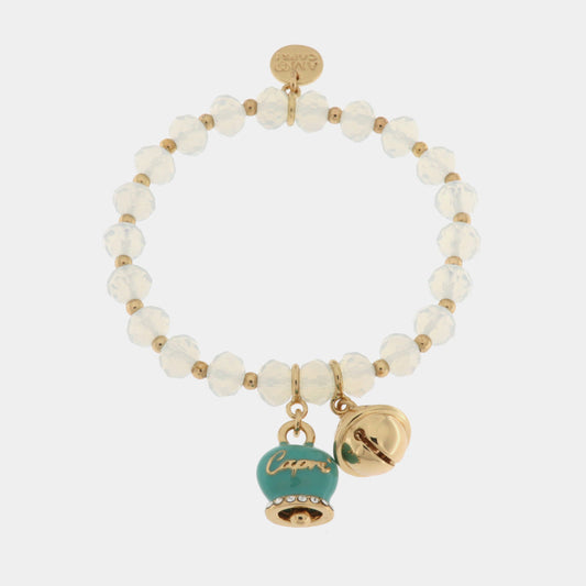 Bracciale in Metallo  campanella verde e piccolo sonaglio con pietre bianche