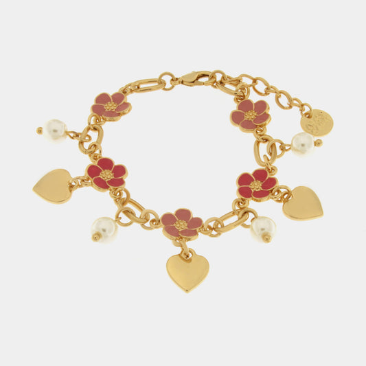 Bracciale in Metallo con fiori fucsia e cuori pendenti