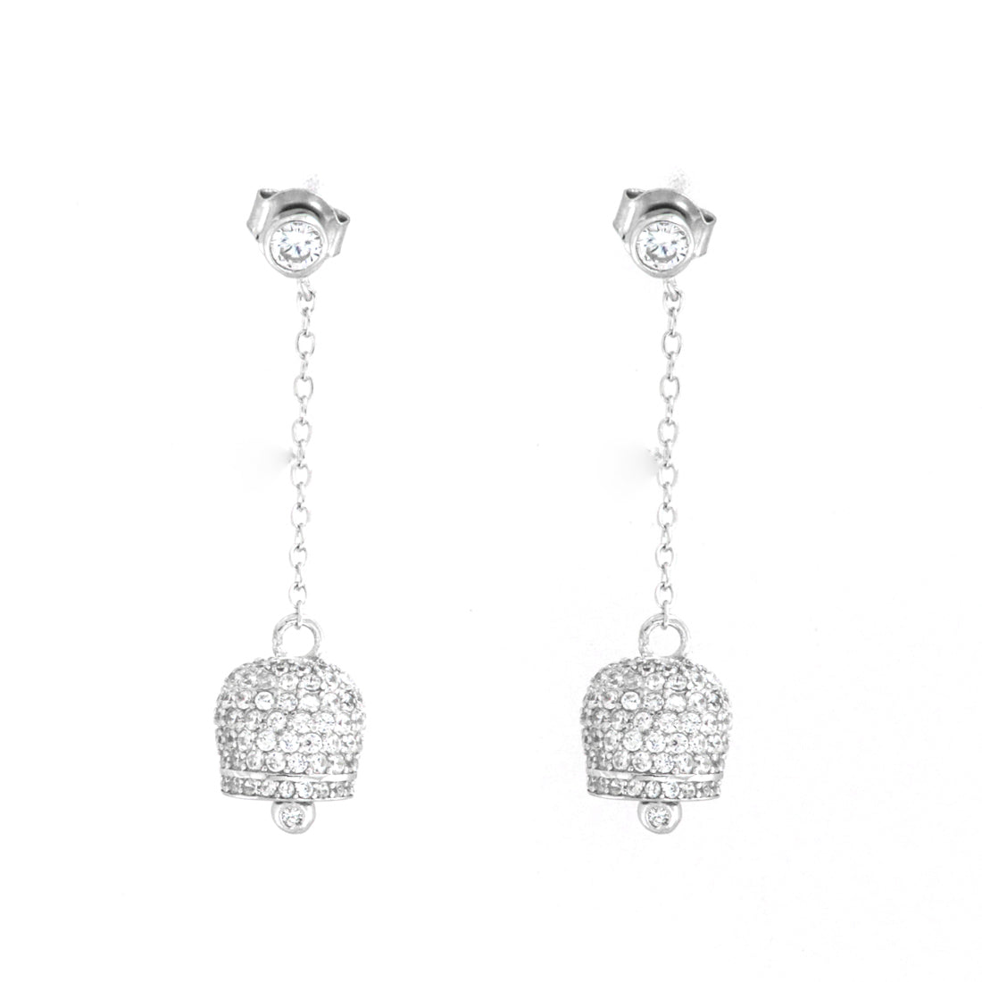 925 silver earrings with pendant bell, embellished with bright white zirconi