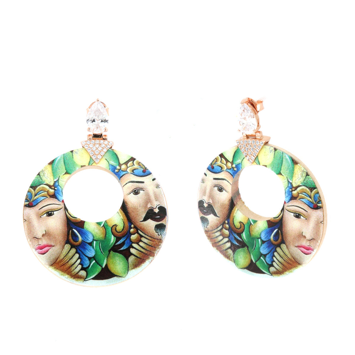 925 silver earrings with colorful printing Sicilian wooden and white light point