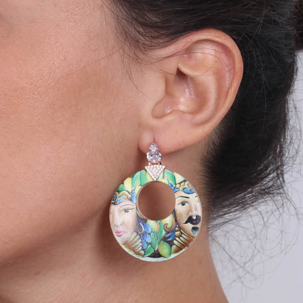 925 silver earrings with colorful printing Sicilian wooden and white light point