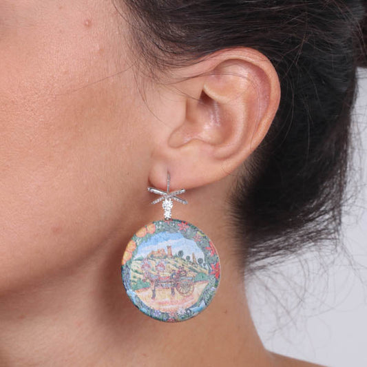 925 wooden silver earrings, with colored print, Sicilian cart, embellished with white zirconi
