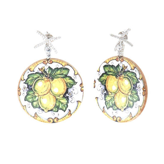 925 wooden silver earrings, with colored print, Sicily lemons, embellished with white zirconi