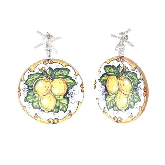 925 wooden silver earrings, with colored print, Sicily lemons, embellished with white zirconi