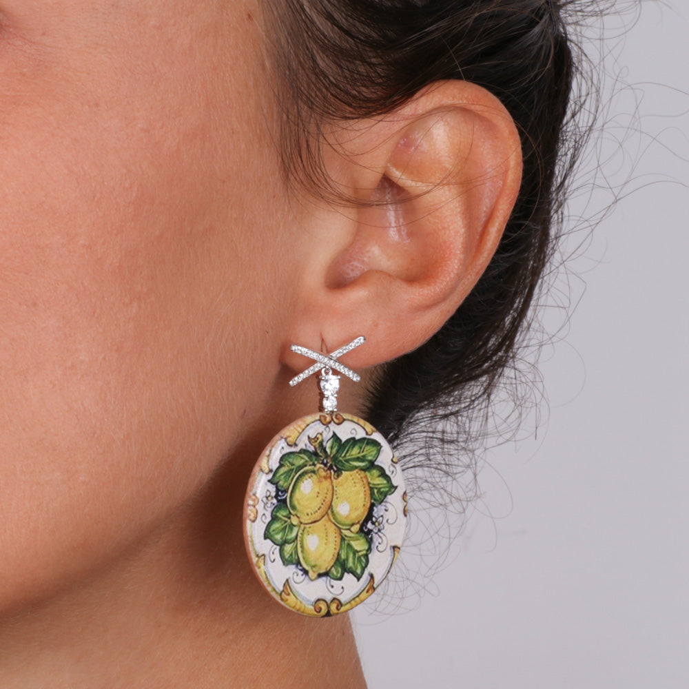 925 wooden silver earrings, with colored print, Sicily lemons, embellished with white zirconi