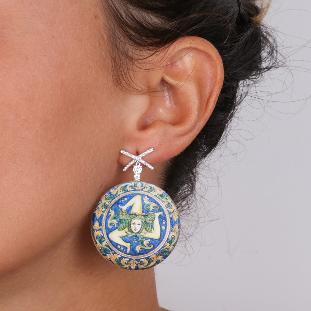 925 wooden silver earrings, with colored print, Sicilian Trinacria, embellished with white zirconi