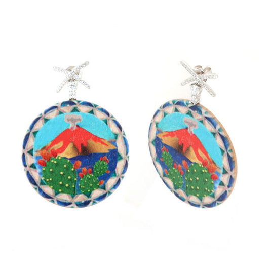 925 wooden silver earrings, with colored print, Etna and prickly pears, embellished with white zirconi