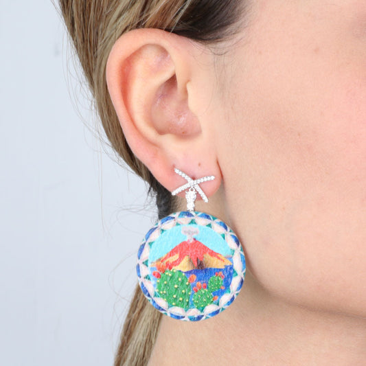 925 wooden silver earrings, with colored print, Etna and prickly pears, embellished with white zirconi