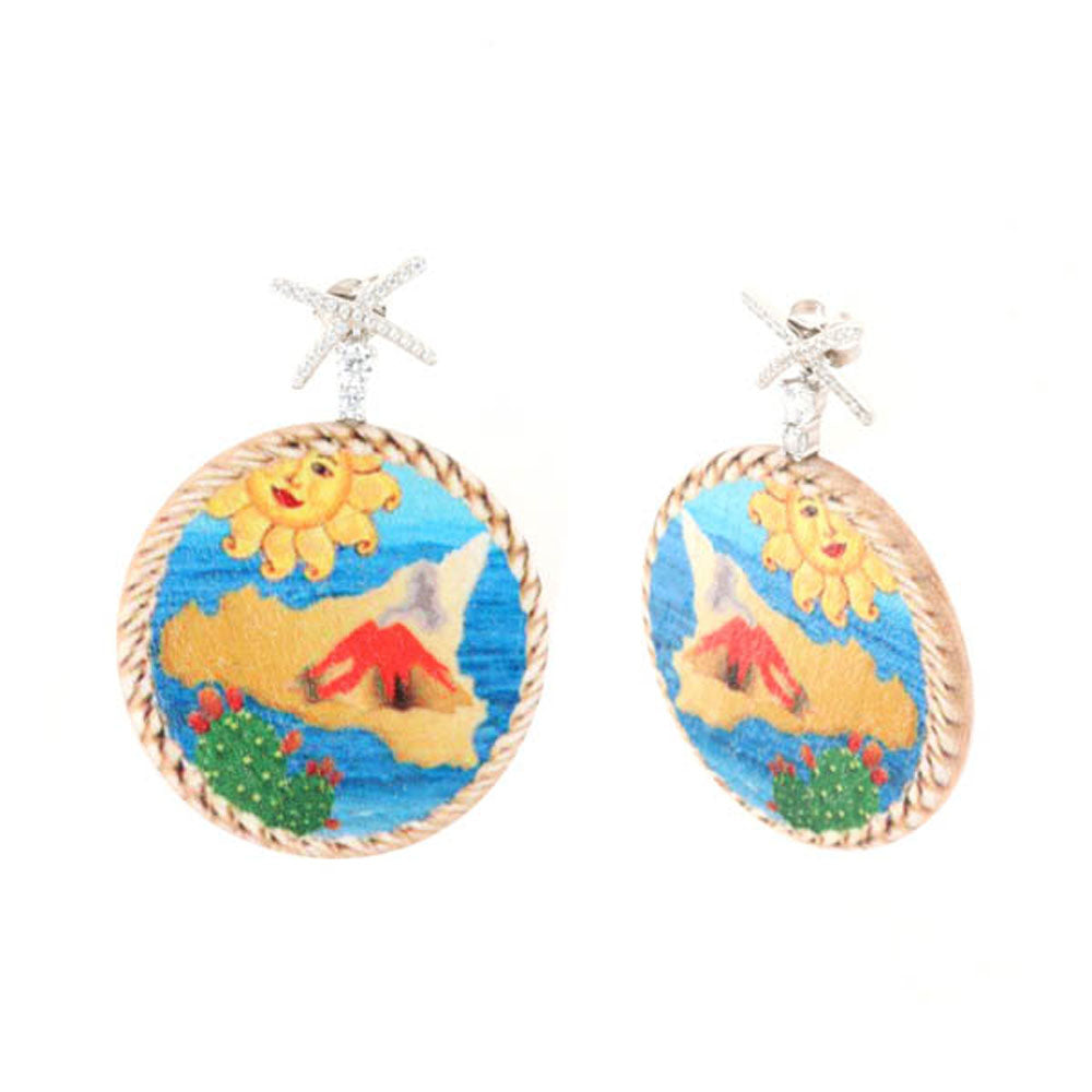 925 wooden silver earrings, with colored print, Sicily and prickly pears, embellished with white zirconi