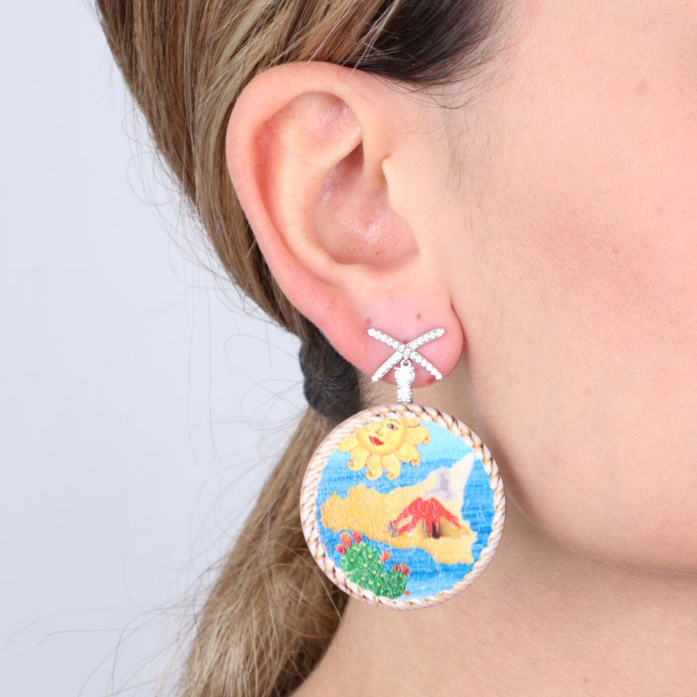 925 wooden silver earrings, with colored print, Sicily and prickly pears, embellished with white zirconi