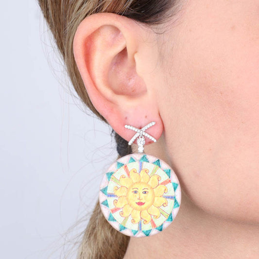 925 wooden silver earrings, with colorful sun printing, embellished with white zirconi