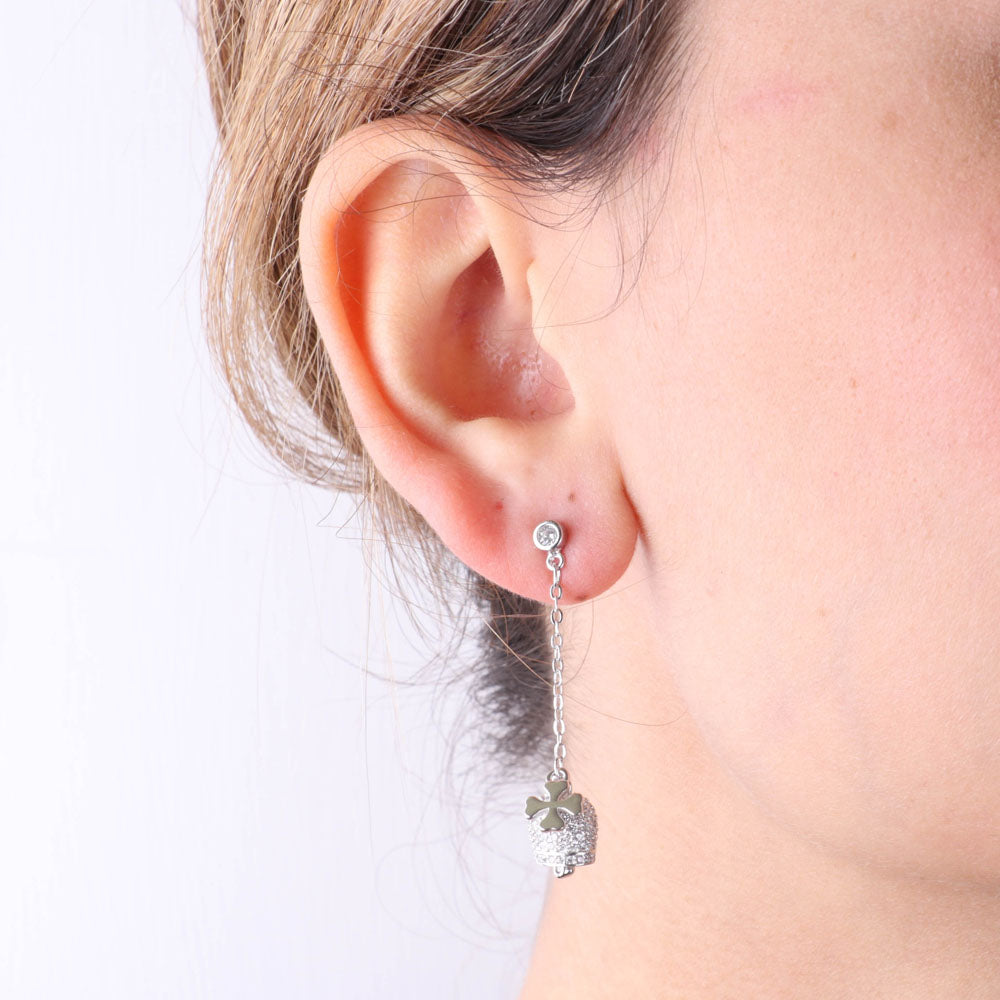 925 silver earrings with charcoal bells and four -leaf clover embellished with cubic zirconi