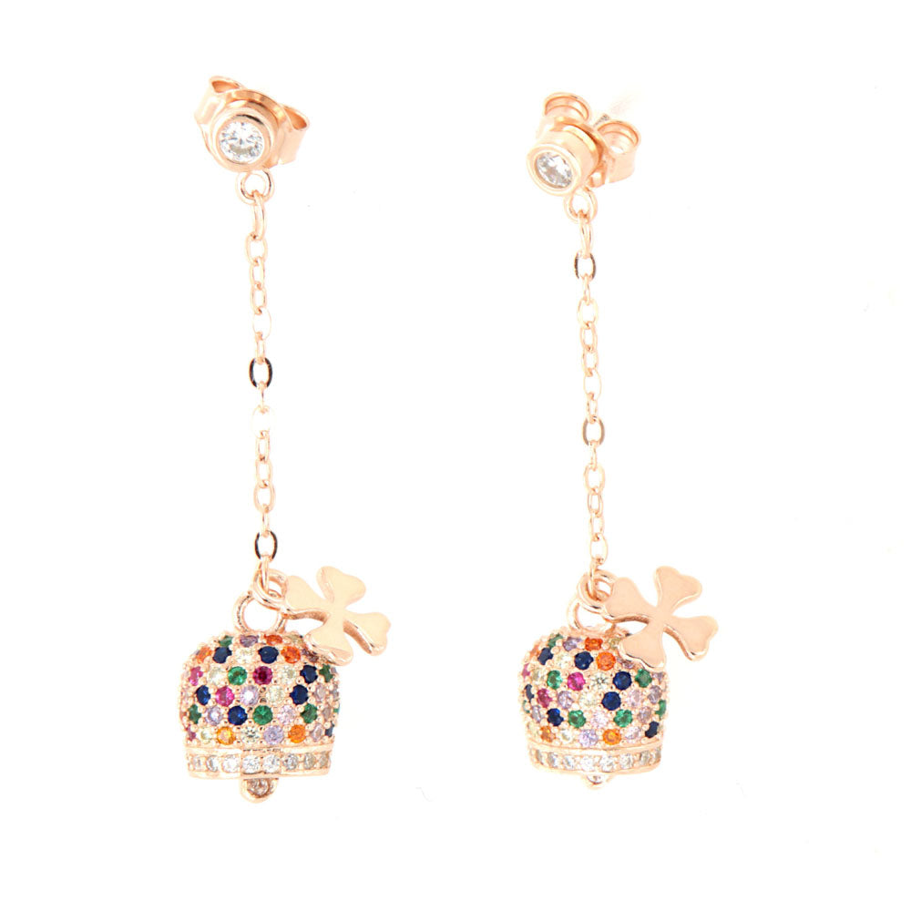 925 silver earrings with charming bells and four -leaf clover embellished with multicolored zirconi