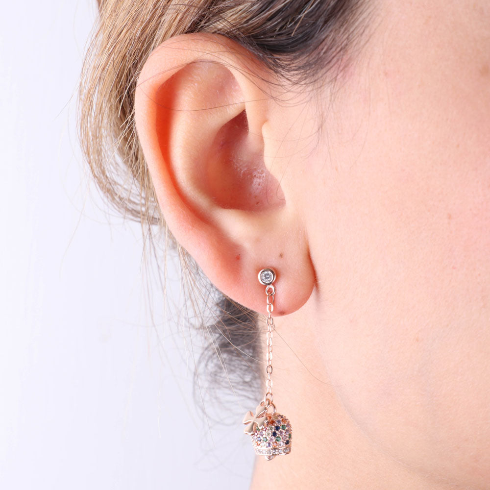 925 silver earrings with charming bells and four -leaf clover embellished with multicolored zirconi