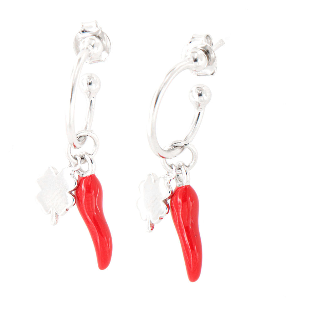925 silver earrings circle with a pendant red enamel croissant and small smooth four -leaf clover