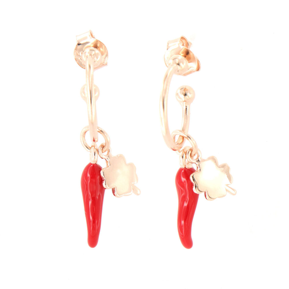 925 silver earrings circle with a pendant red enamel croissant and small smooth four -leaf clover
