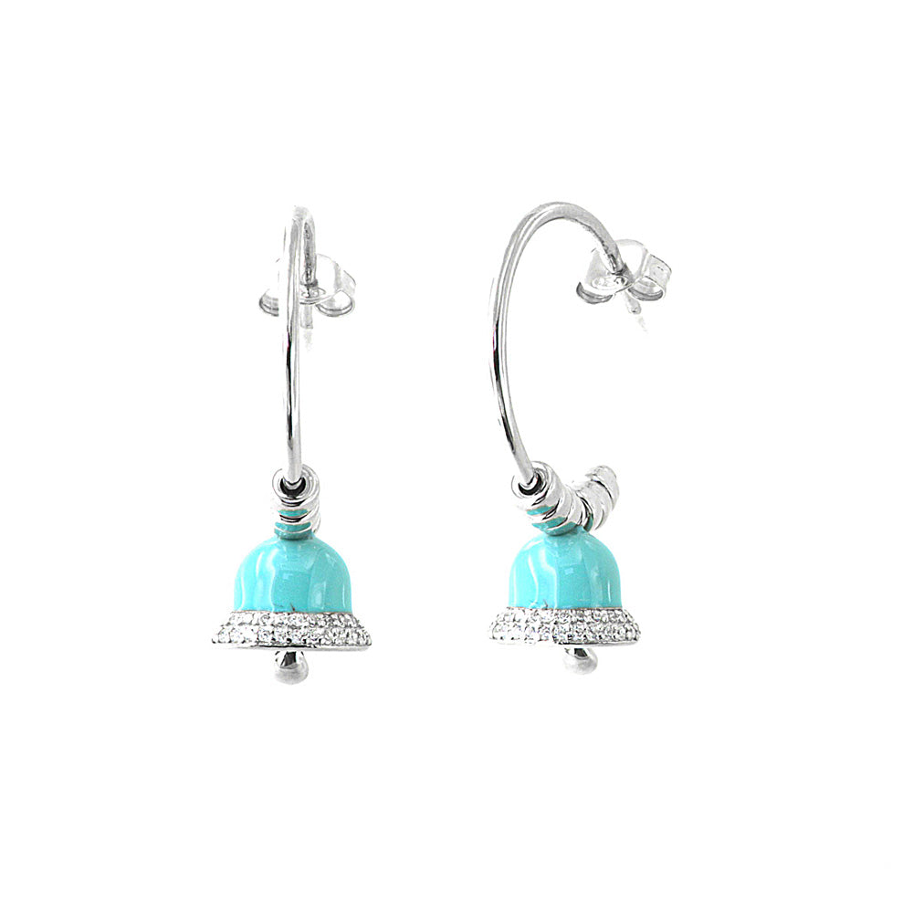925 silver earrings circle with turquoise nail polish bell, embellished with zirconi