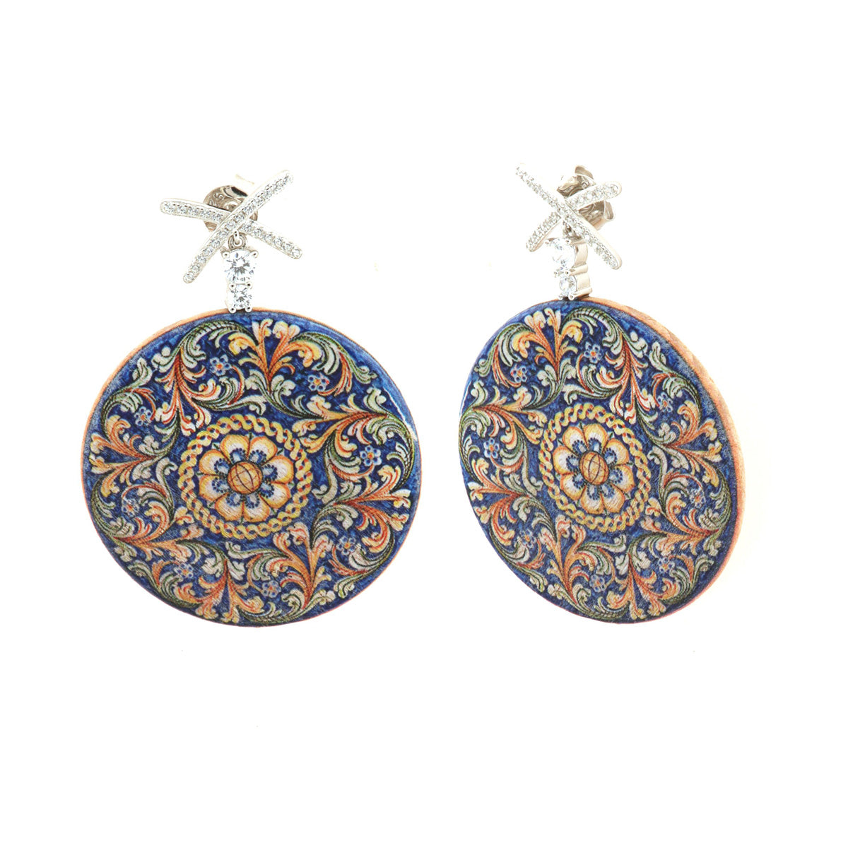 925 silver earrings in pendant wood with typical Sicilian print embellished with white zirconi