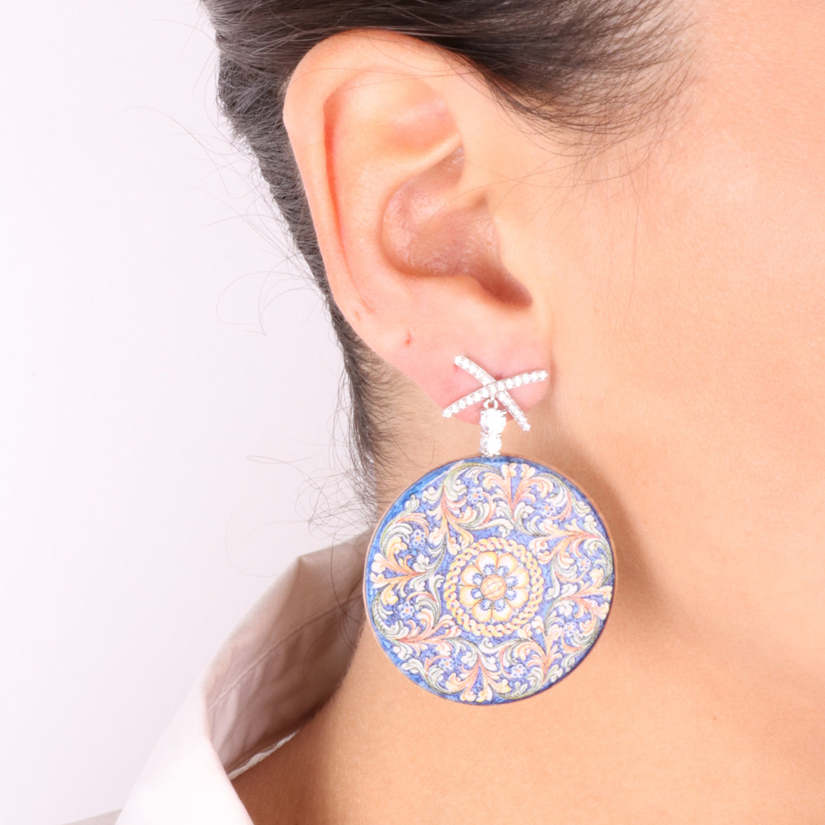925 silver earrings in pendant wood with typical Sicilian print embellished with white zirconi
