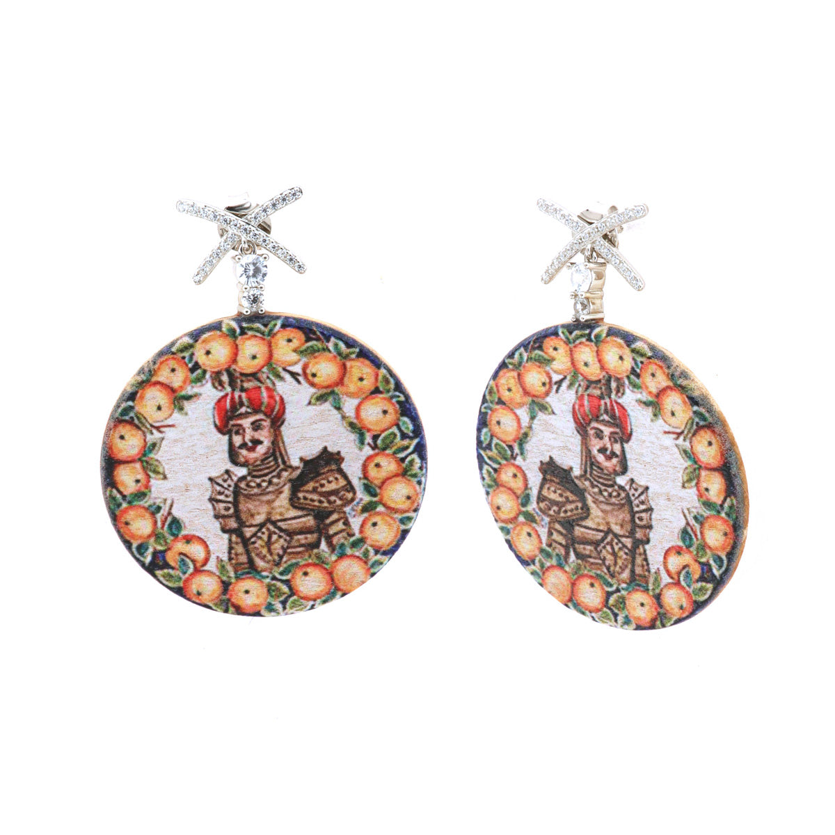 925 silver earrings in pendant wood with typical Sicilian print embellished with white zirconi