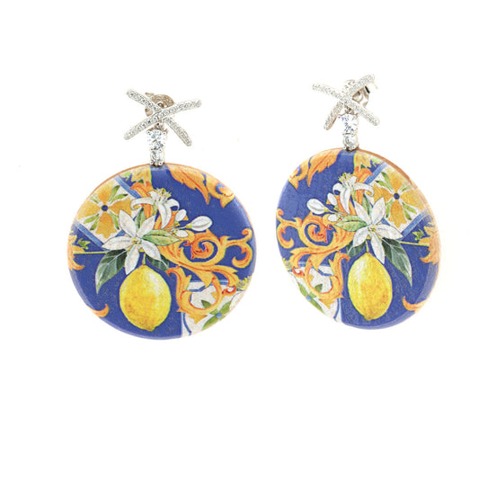 925 silver earrings in pendant wood with printing typical symbols of goats embellished with white zirconi