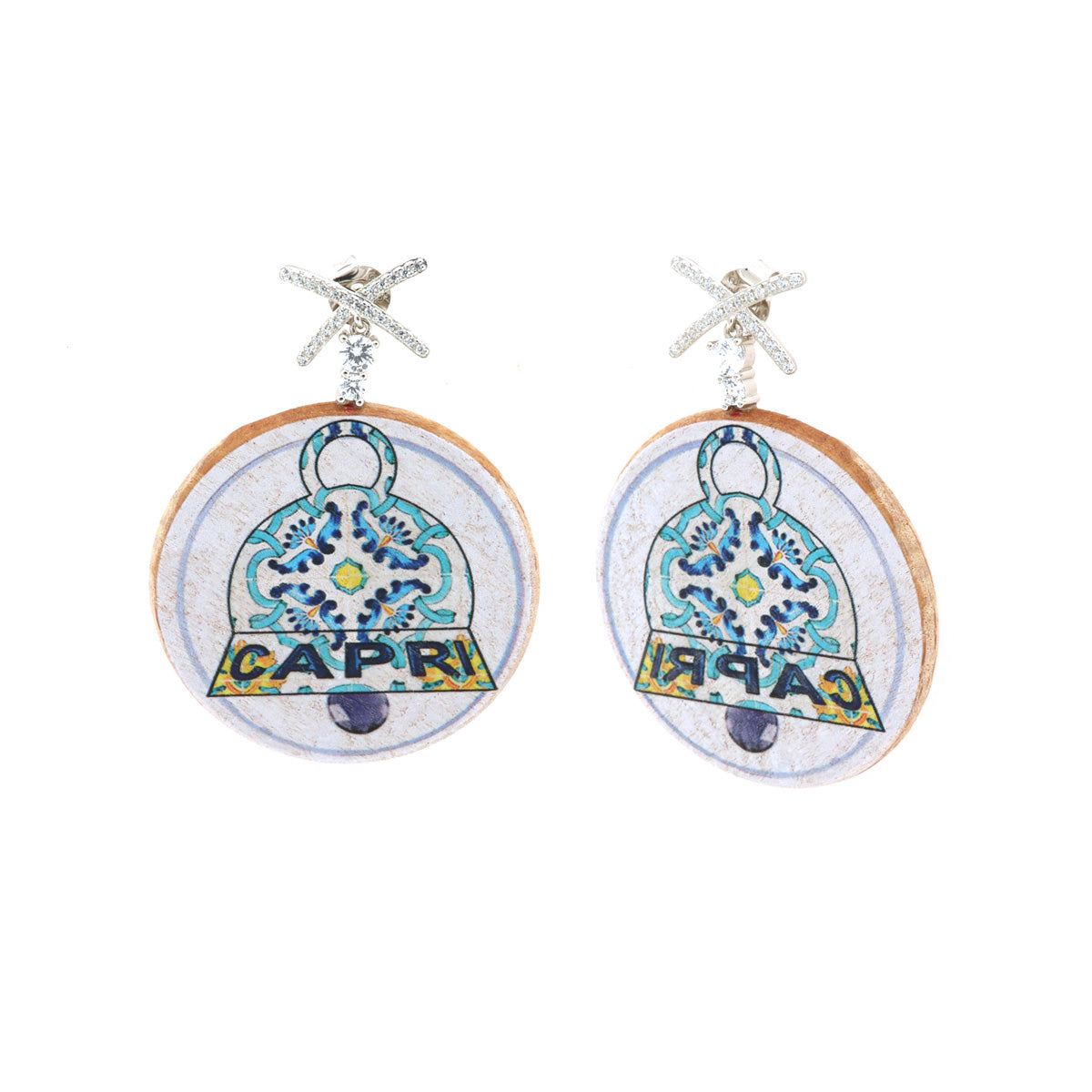 925 silver earrings in pendant wood with printing cuff bell of Capri