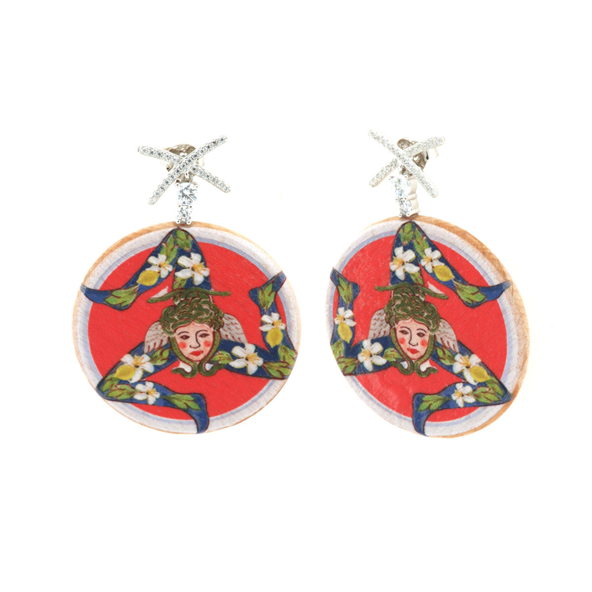 925 silver earrings in pendant wood with typical Sicilian print with Trinacria embellished with white zirconi