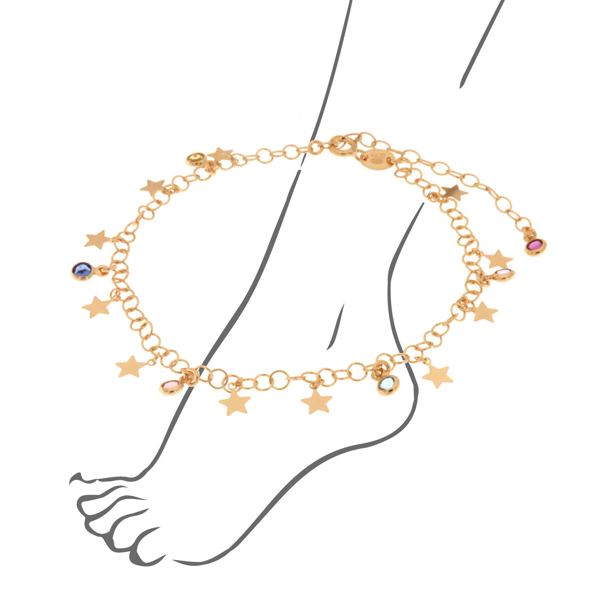 Anklet in arg 925 with stars and multicolored crystals