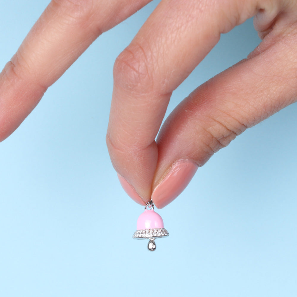 925 silver pendant with pink enamel charming bell and zirconi