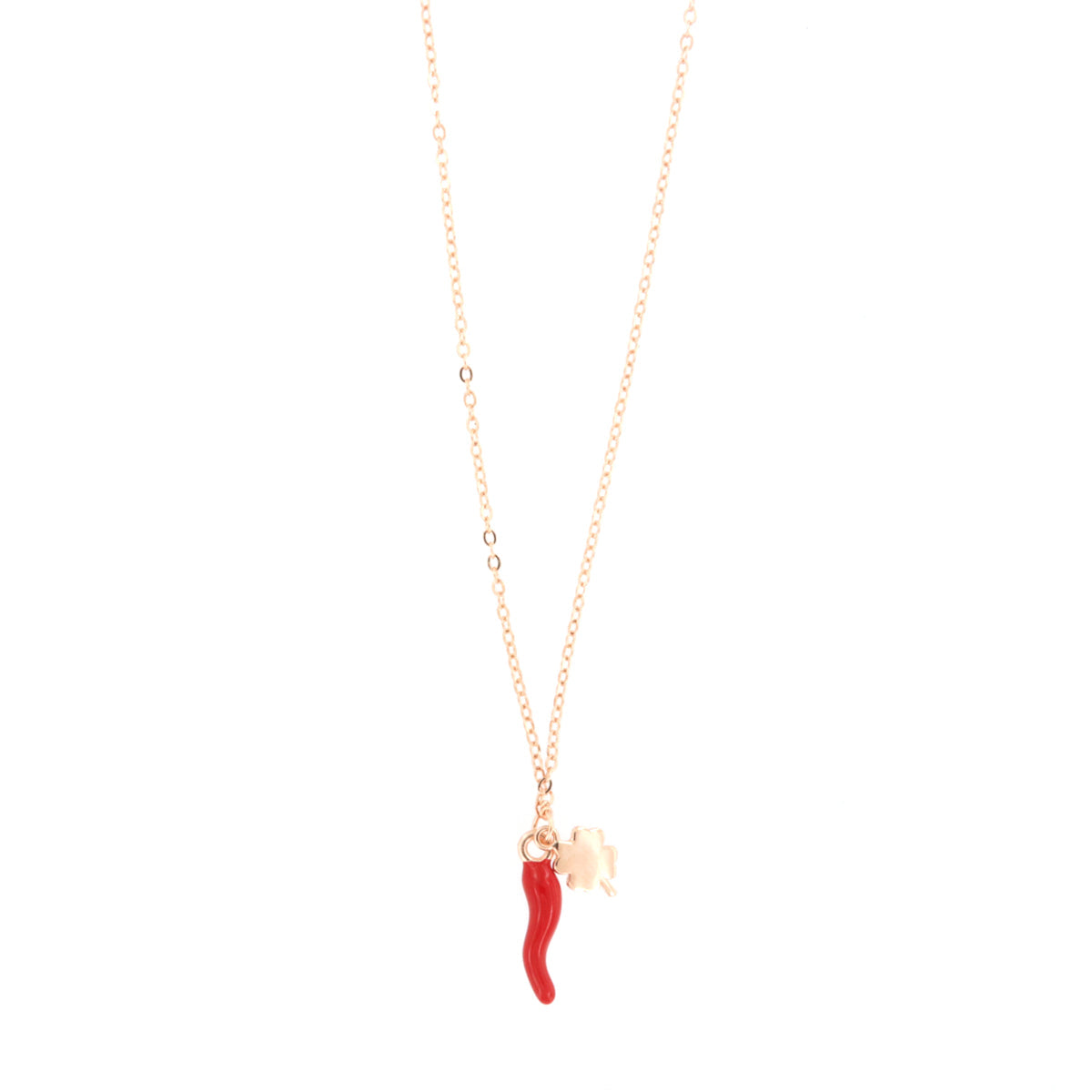 925 silver necklace with horn embellished with red enamel and four -leaf clover