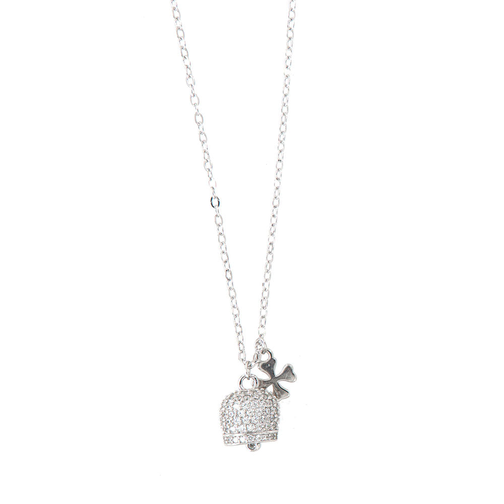 925 silver necklace charming bell with quadrifoglio and cubic zirconi