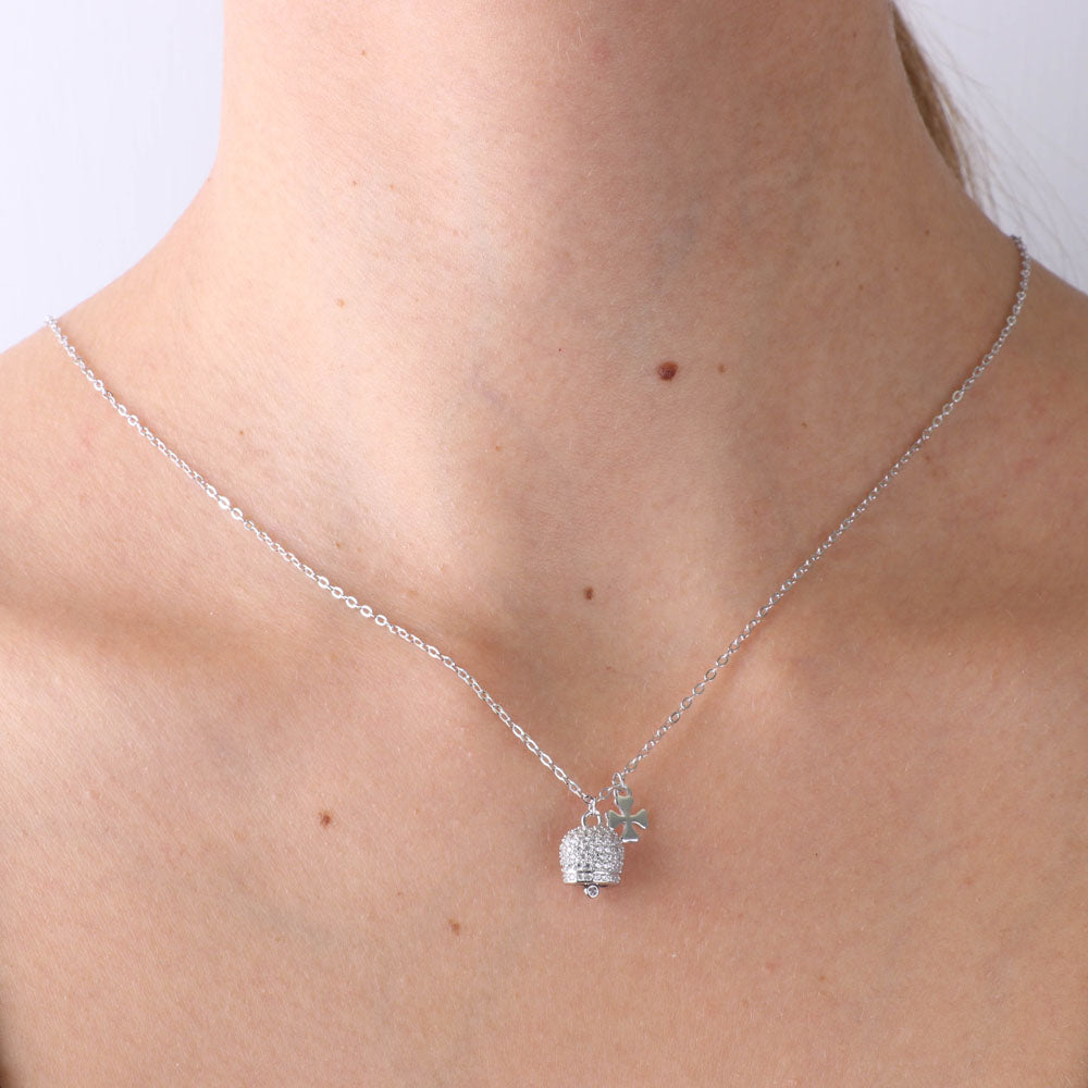 925 silver necklace charming bell with quadrifoglio and cubic zirconi