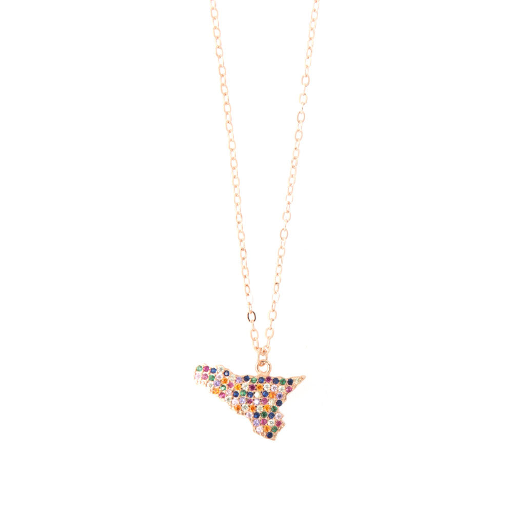 925 silver necklace with island of Sicily embellished with pavè of multicolored zirconi