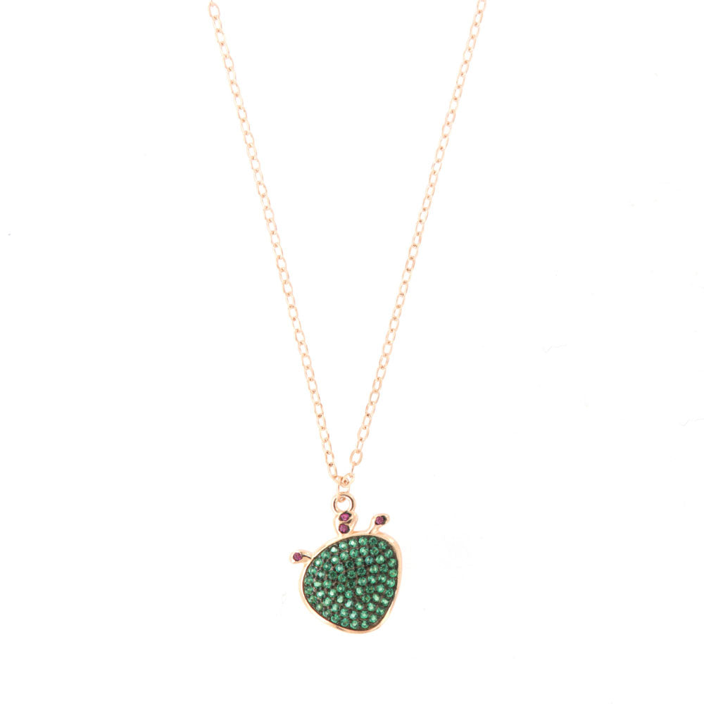 925 silver necklace with prickly pendant of India, embellished with pavè of emerald zirconi, on a brown basis