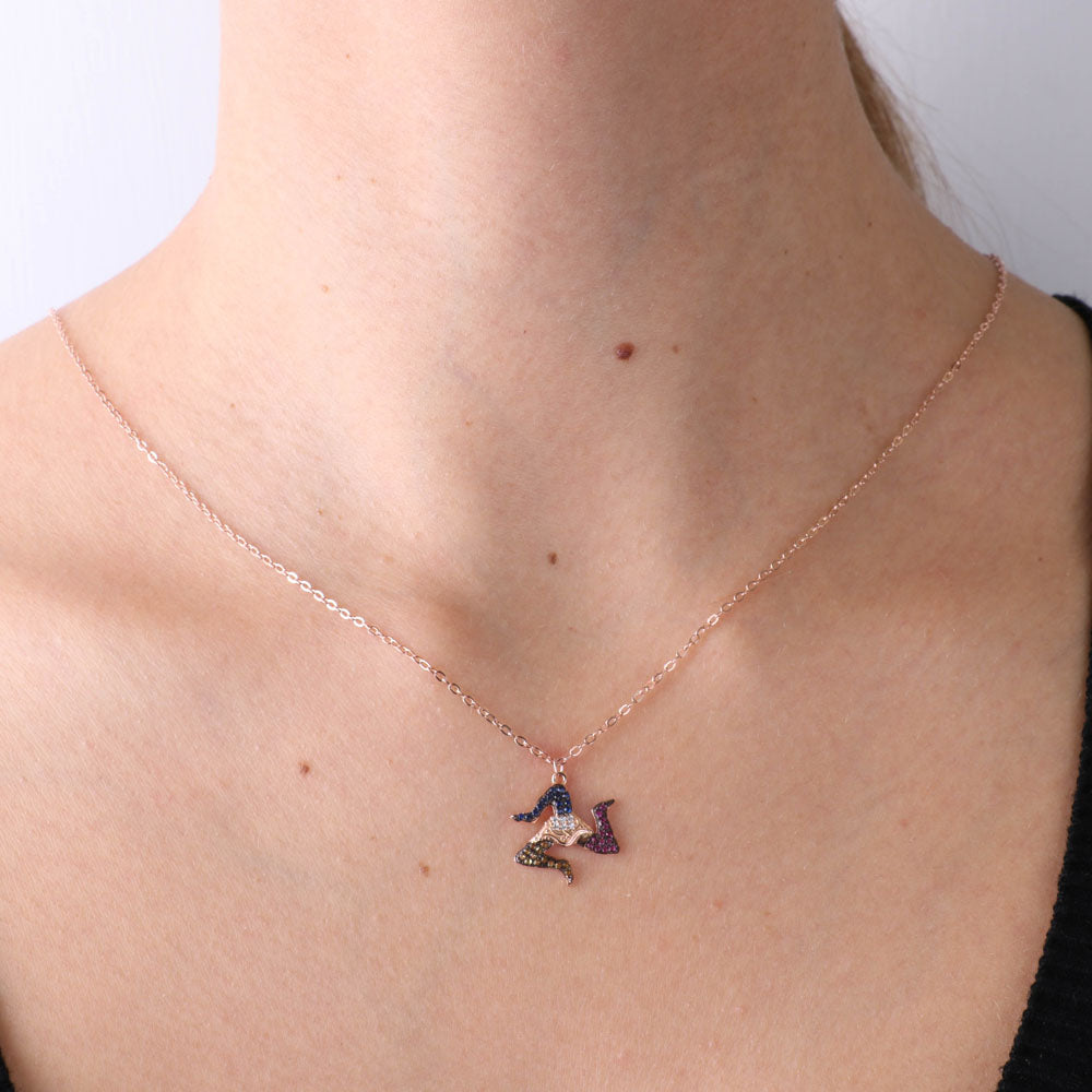 925 silver necklace with Sicilian Trinacria pendant, embellished with multicolored zirconi on a brown basis