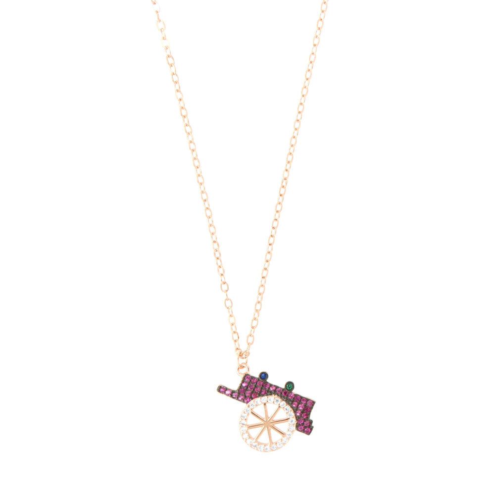 925 silver necklace with Sicilian cart pendant, embellished with red and white zirconi on a brown basis