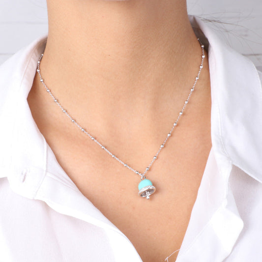 925 silver necklace with turquoise enamel bell, embellished with zirconi