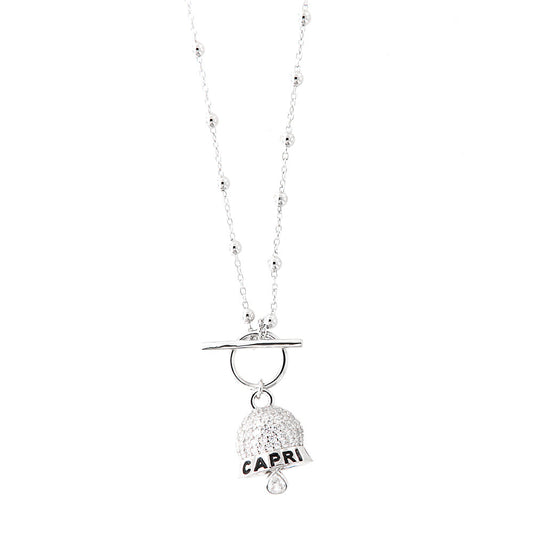925 silver necklace with bouncing charming of white zirconi and written black enamel written