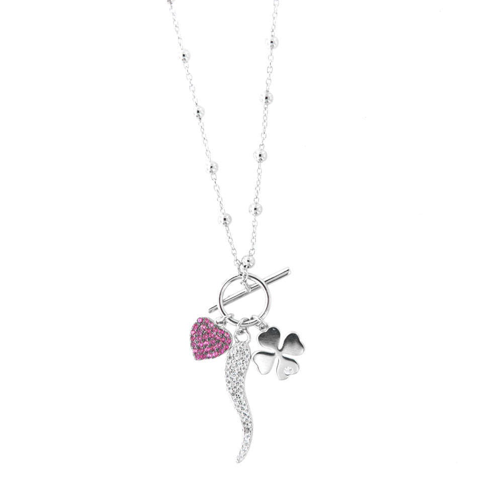 925 silver necklace with heart -shaped pendants with red zirconi, charming horn embellished with white zirconi and four -leaf clover