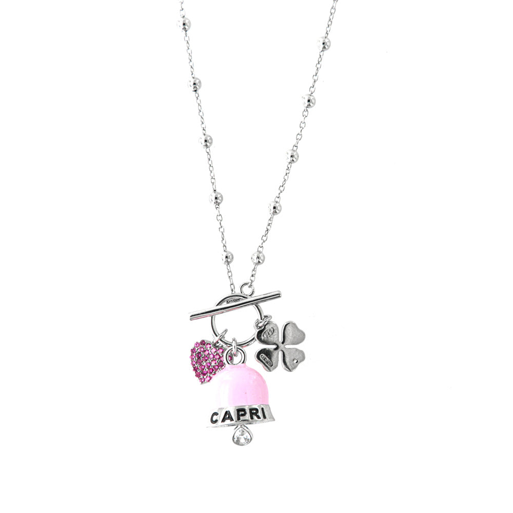 925 silver necklace with heart pendant, pink bell and four -leaf clover