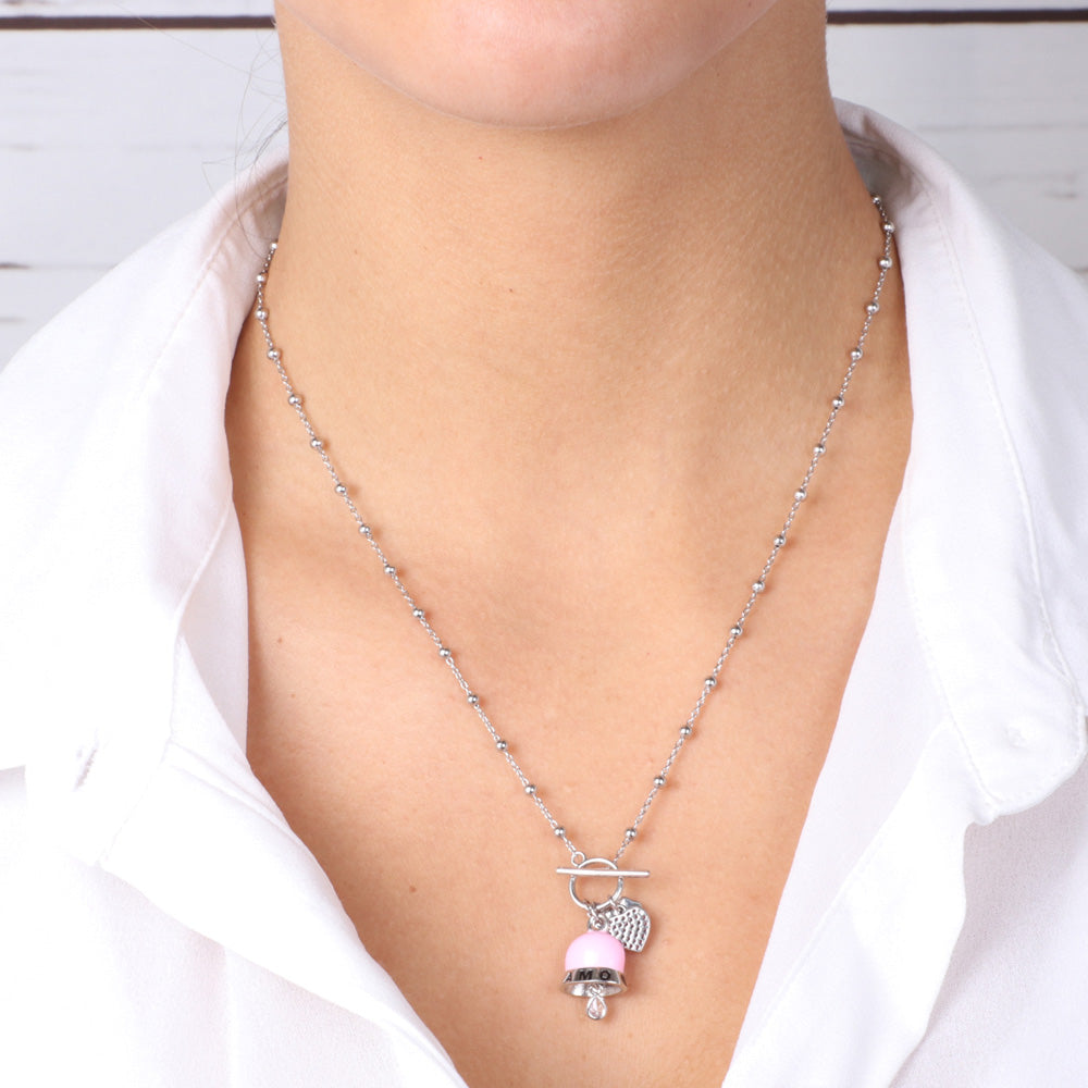925 silver necklace with heart pendant, pink bell and four -leaf clover