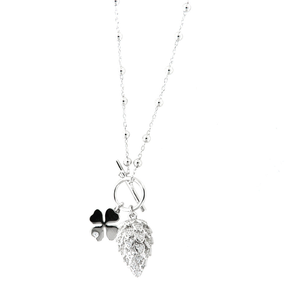 925 silver necklace with pendant pine cones, white zirconi pavè and four -leaf clover with light point