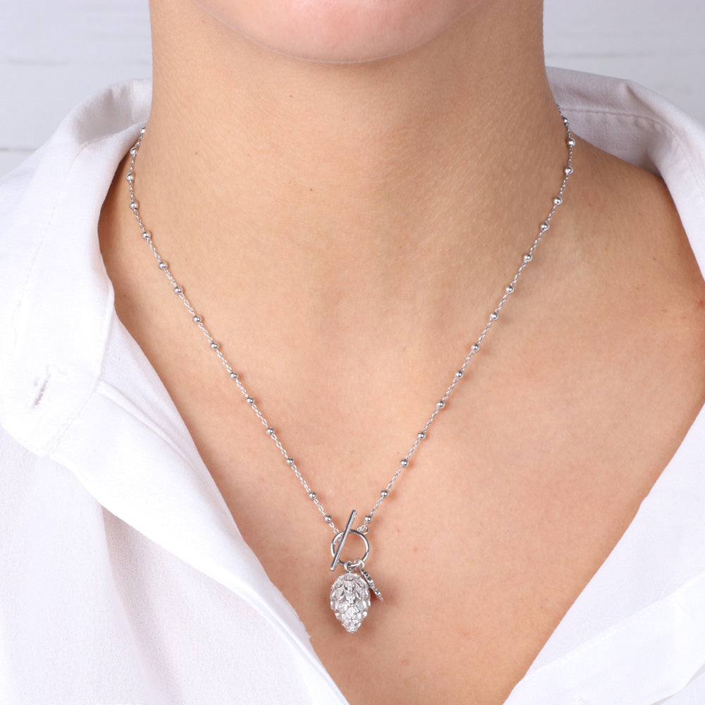 925 silver necklace with pendant pine cones, white zirconi pavè and four -leaf clover with light point