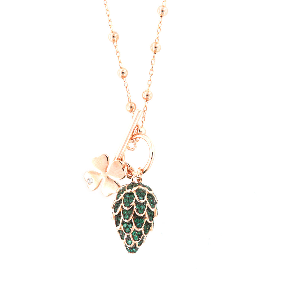 925 silver necklace Pigna with pavè of emerald zircons and four -leaf clover with light point